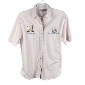 VTG Cotton P.S.I. 2XL Button-Up T-Shirt Embroidered Spring Flowers Easter Bunny